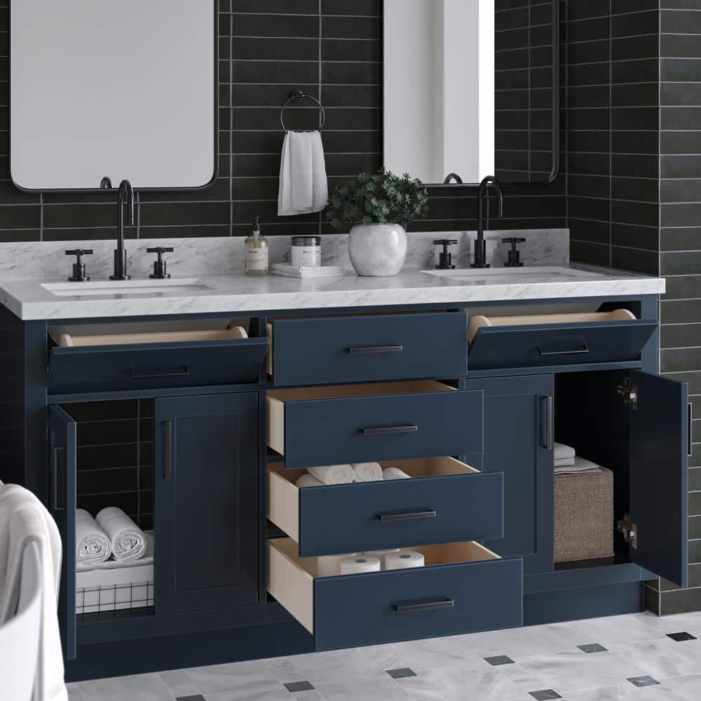 Midnight Blue Double Freestanding Vanity with Marble Top