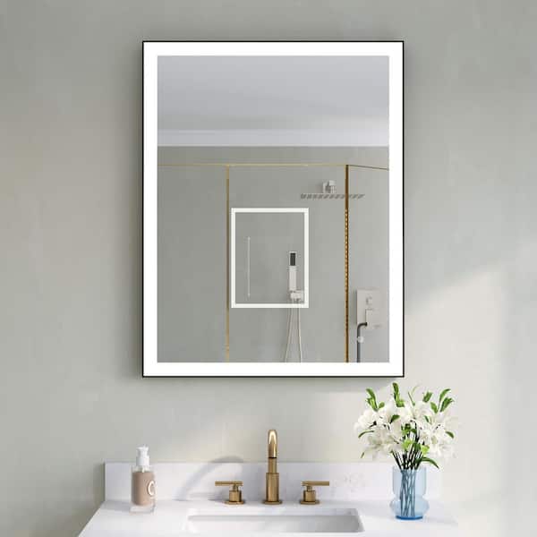 28 in. W x 36 in. H Rectangular Framed Wall LED Bathroom Vanity Mirror in Matte Black, Dimmable, Anti-fog, IP44