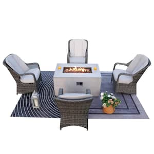 Fort 5-Pieces Rock and Fiberglass Fire Pit Table with 4 Wicker Chairs with Gray Cushions