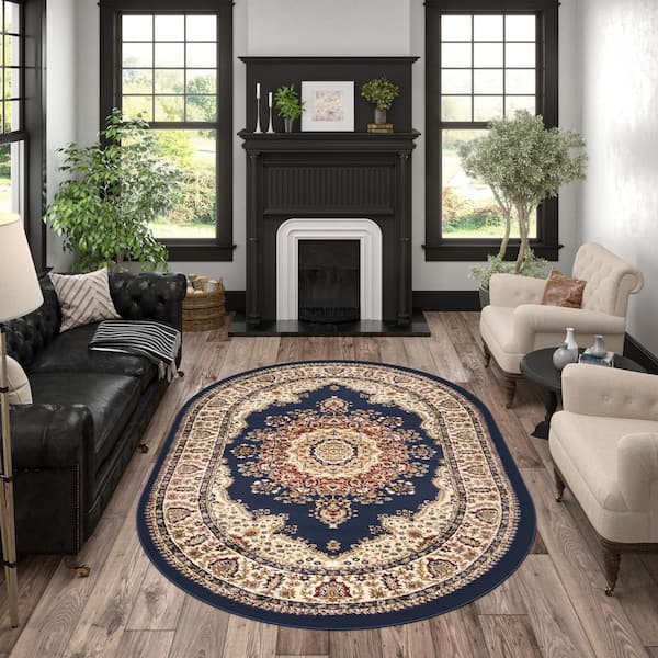 Sensation Border Navy 5 ft. x 8ft. Oval Indoor Area Rug