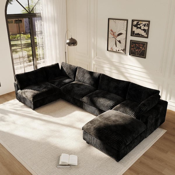 J&E Home 157.48 in. Square Arm 6-Piece Rabbit Velvet Plush Modular Free Combination Sectional Sofa with Ottoman in Black