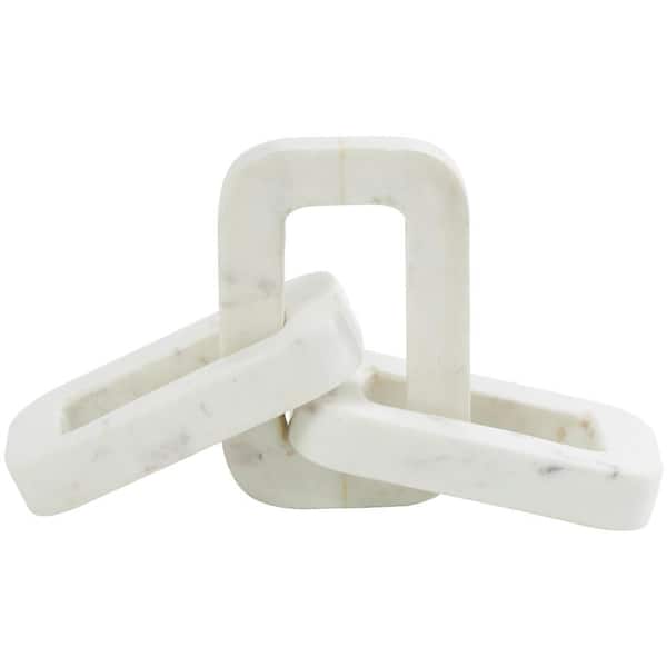 Litton Lane 4 in. x 3 in. White Marble Geometric 3 Link Chain Sculpture