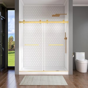 60 in. W x 76 in. H Frameless Double Sliding Alcove Bypass Glass Shower Door in Brushed Gold 5/16 in. Clear Glass