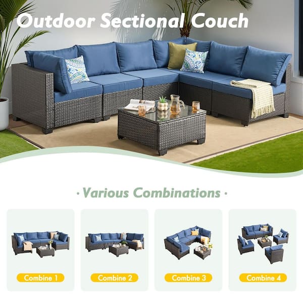 Hot Selling Black 7‑Piece Wicker Outdoor Sectional Set Patio Conversation Set with Blue Cushions for Backyard, Deck