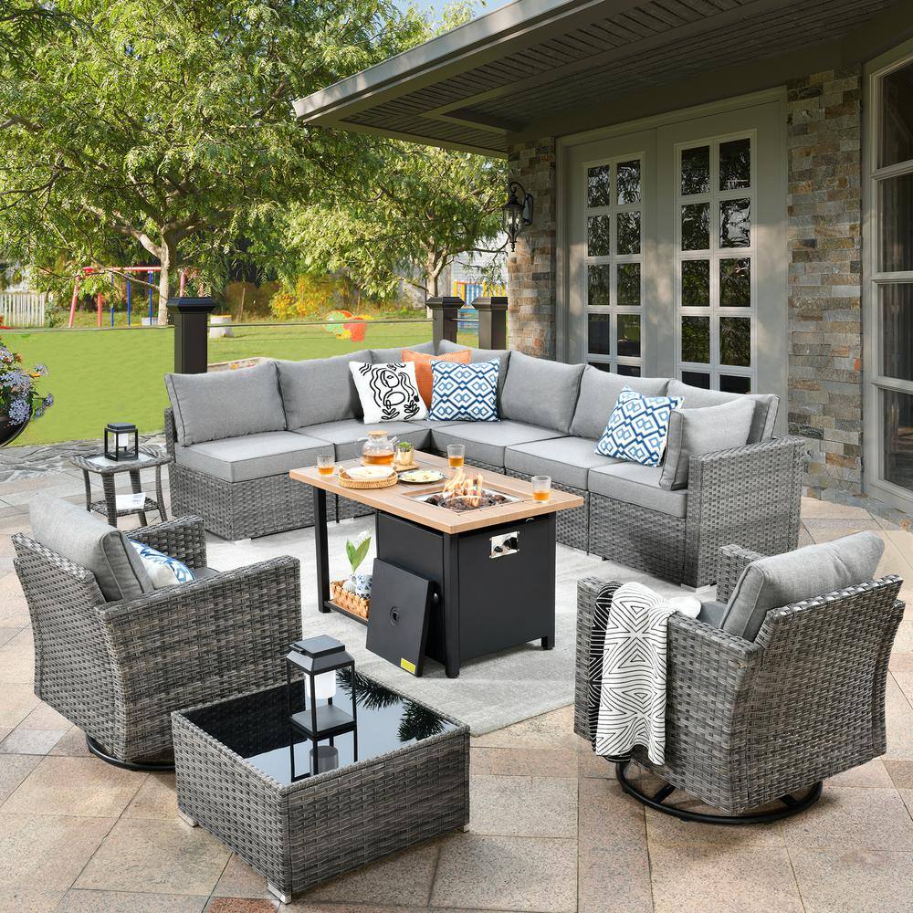 Daffodil O Gray 11-Piece Wicker Patio Storage Fire Pit Conversation Set with Swivel Rocking Chairs and Dark Gray Cushion price history on PriceWatchPro