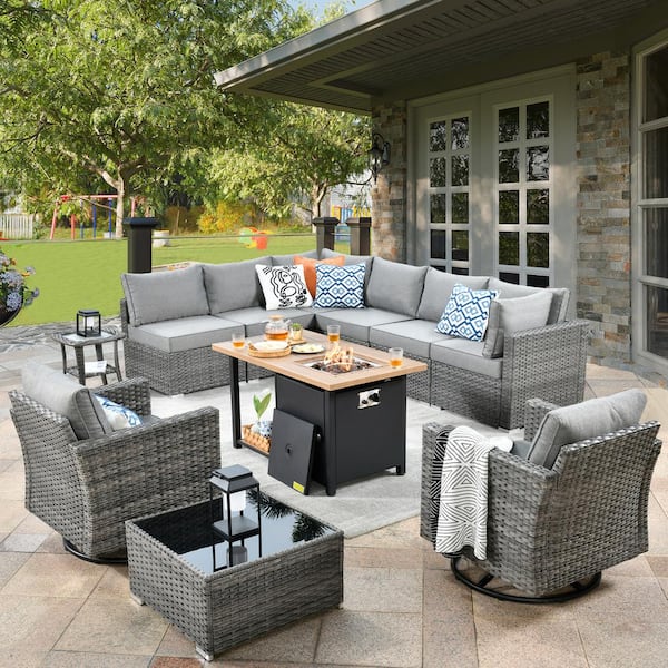 weaxty W Daffodil O Gray 11-Piece Wicker Patio Storage Fire Pit Conversation Set with Swivel Rocking Chairs and Dark Gray Cushion