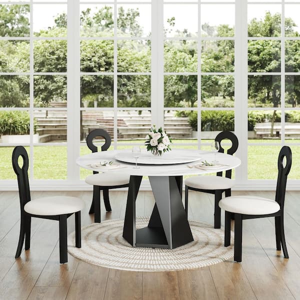 Magic Home 59 in. White Rotable Lazy Susan Sintered Round Stone Tabletop Black Pedestal Base Kitchen Dining Table (Seats-8)