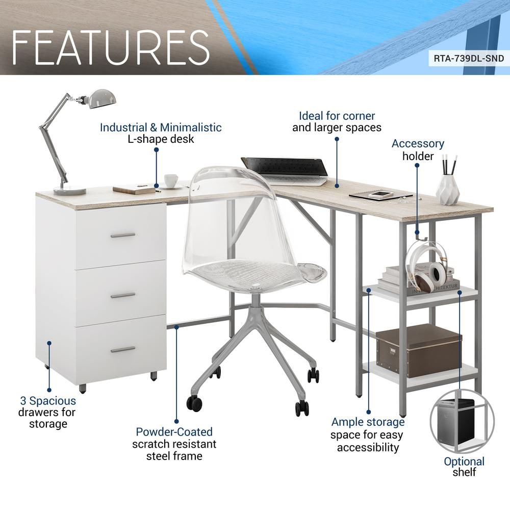 Sand Wood L-Shape Gaming Computer Desk with Drawer