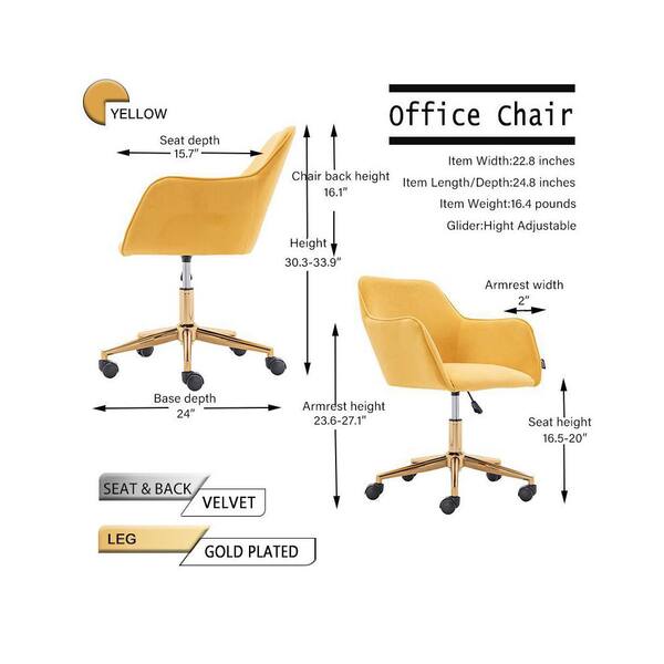 Modern Velvet Fabric Office Chair, Height Adjustable 360 Swivel with Gold Metal Legs and Wheels, Yellow