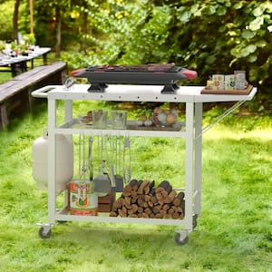 White 3-Shelf Movable Outdoor Grill Carts Table Stainless Steel Cart Foldable Flattop Outdoor Working Table