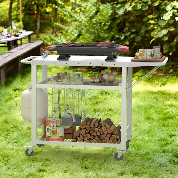LUE BONA White 3-Shelf Movable Outdoor Grill Carts Table Stainless Steel Cart Foldable Flattop Outdoor Working Table