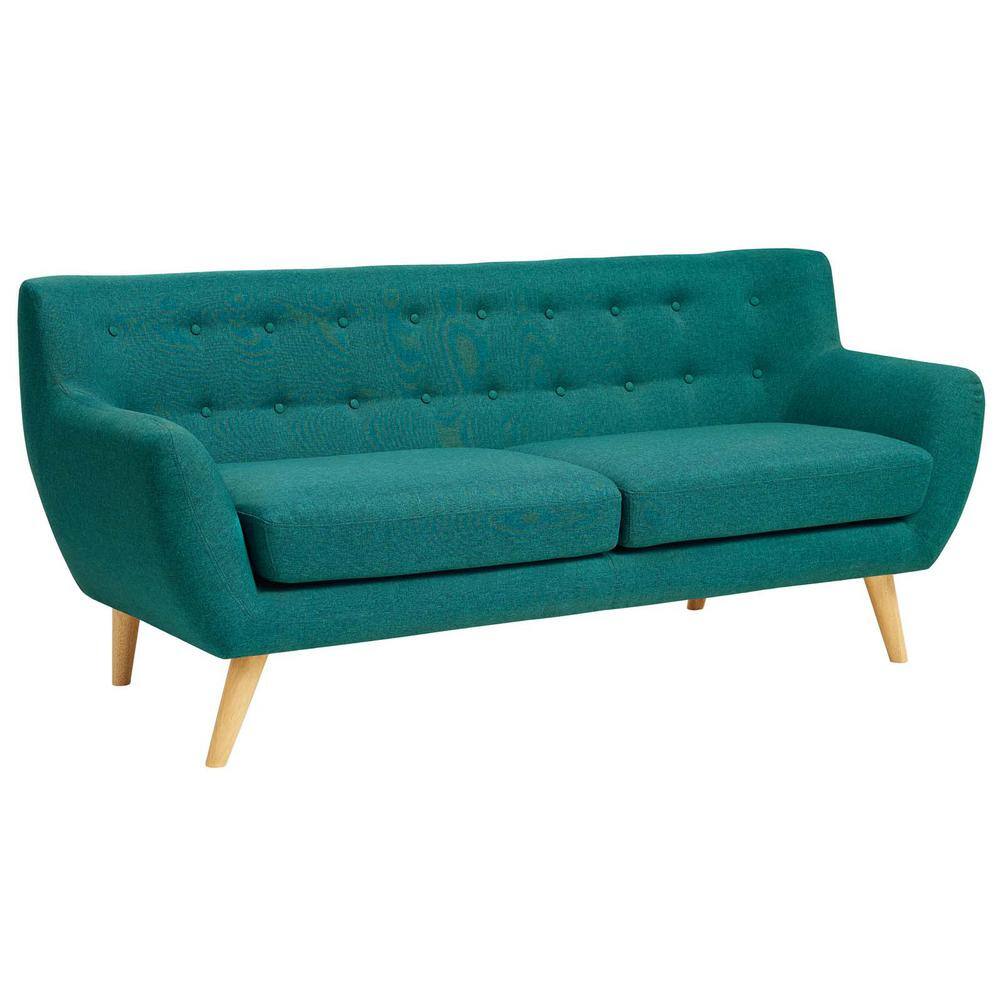 Teal Tufted Mid-Century Modern Fabric Sofa with Wood Legs