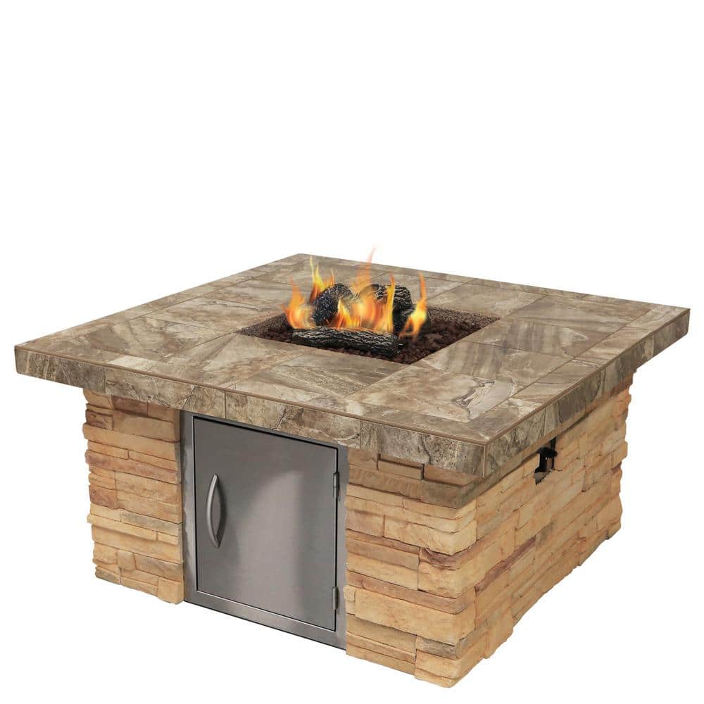 Brown Stone Veneer Propane Gas Fire Pit with Tile Countertop