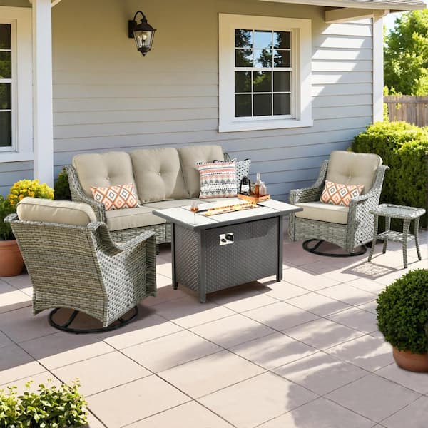 HOOOWOOO Verona 5-Piece Wicker Outdoor Patio Conversation Sofa Seating Furniture Set with a Metal Fire Pit and Beige Cushions