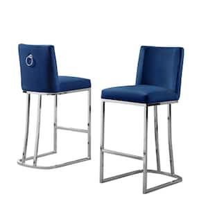 Erin 24 in. H Navy Blue Low Back Counter Height Chair With Silver Chrome Base Back Ring with Velvet Fabric (Set of 2)
