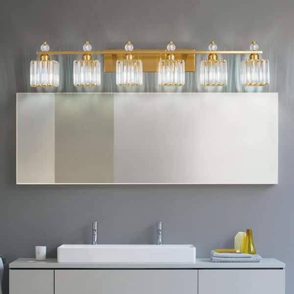 Home Lighting 44.09 in. 6-Light Gold Square Modern Crystal Vanity Light Fixtures Over Mirror For Bathroom (JW-290/291)