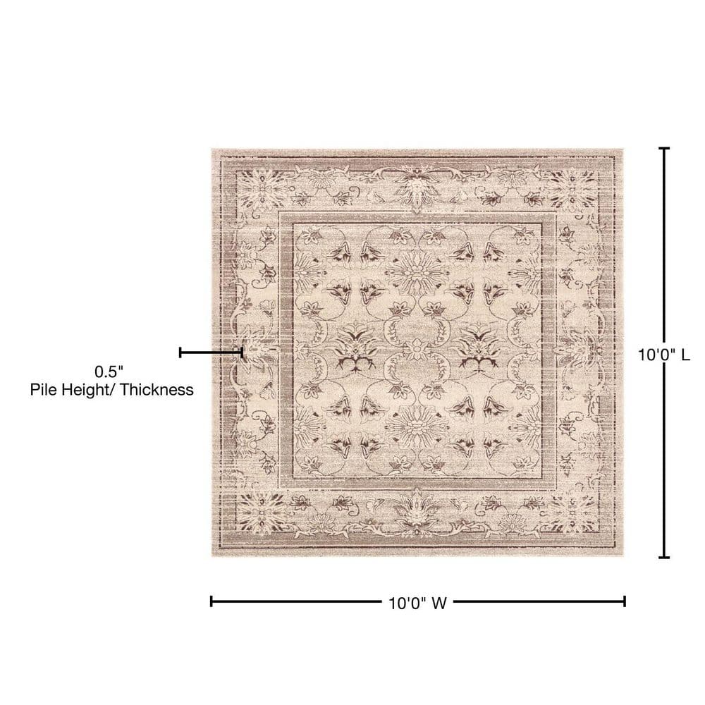 Ivory and Brown Floral Synthetic Square Rug, 10' x 10'