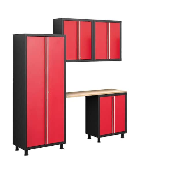 NewAge Products Bold Series 72 in. H x 82 in. W x 18 in. D 24-Gauge Welded Steel Garage Cabinet Set in Red (5-Piece)