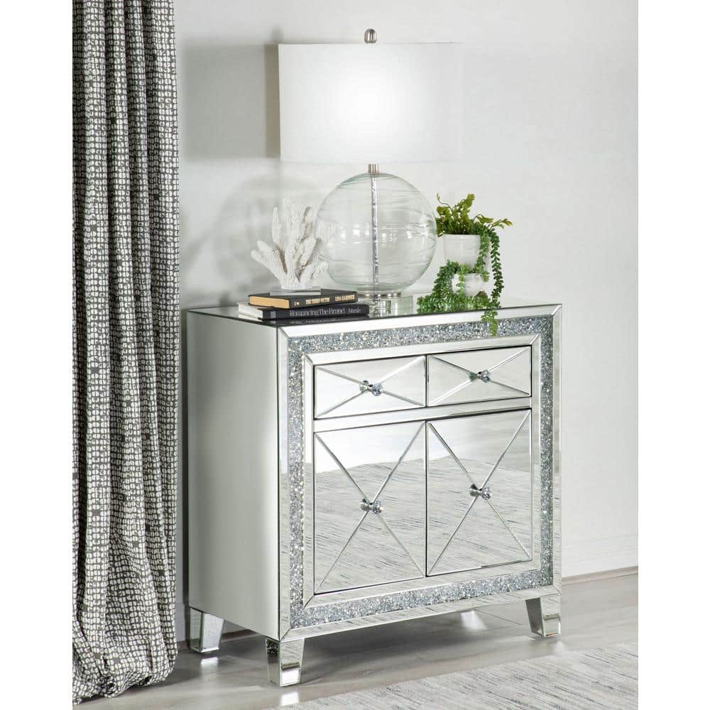 Contemporary Arwen 2-Drawer Silver Mirror LED Accent Cabinet