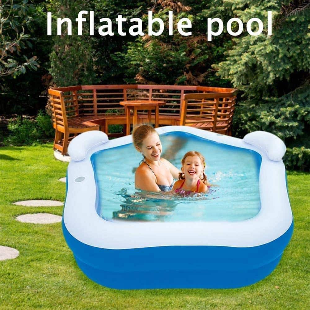 Blue and White Rectangular Inflatable Pool with Headrest and Cup Holder