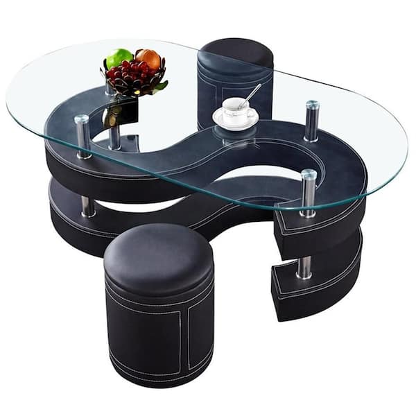 J E Home 49.2 in. Oval Tempered Glass Coffee Table with 2 Leather