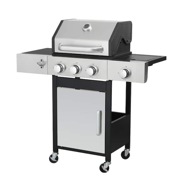Black 3-Burner Stainless Steel Propane Gas Grill with Side Burner, 37230 BTU Output With Enameled Cast Iron Cooking Grid