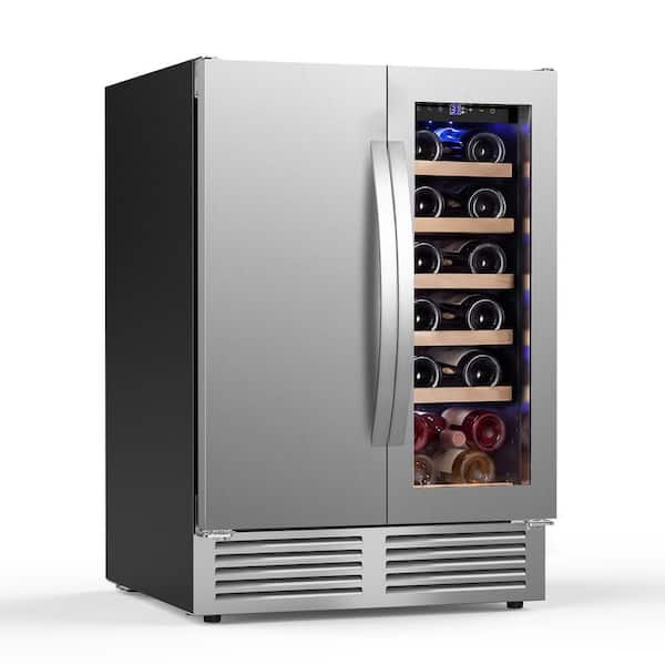 24 in. Built-in Dual Zone 18 Bottle and 80 Can Wine and Beverage Cooler with Four Door Handles Wine Fridge in Silver
