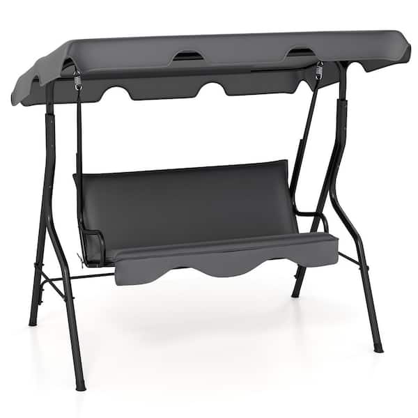 Gymax 3-Person Gray Metal Porch Swing w/Adjustable Canopy Removable Cushion