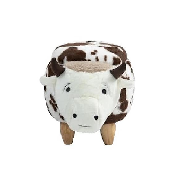 Home 2 Office White and Brown Cow Faux Fur Upholstered Wood Animal Storage Ottoman