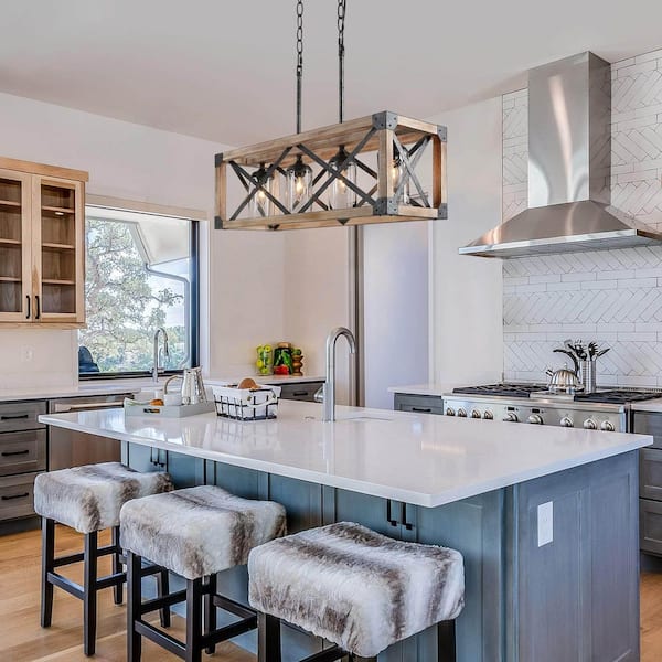 Farmhouse Wood Island Chandelier, Distressed Black Hanging Ceiling Light 4-Light Modern Pendant with Clear Glass Shades