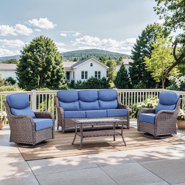 MoonLuxe Brown Swivel Glider Wicker Patio Conversation Set with Blue Olefin 6 in. Thick Cushions/Coffee Table (4-Piece)