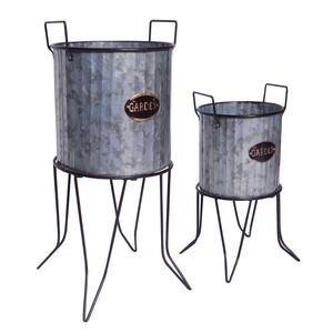 24 in. H Metallic Gray Iron Plant Stand with Corrugated Design and Metal Frame (Set of 2)