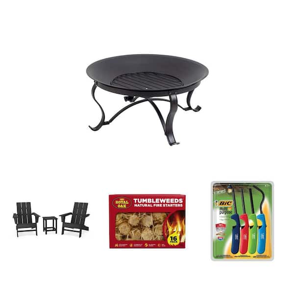 29.33 in. Fire Pit, Adirondack Chair 3-Piece Set, Fire Starter (16-Pack) and Multi-Purpose Lighter (4-Pack) Combo