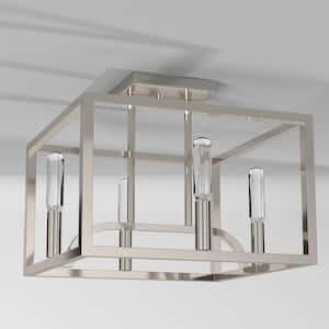 Uptown 12 in. 4-Light Satin Platinum Semi Flush Mount Ceiling Light with Cage Shade