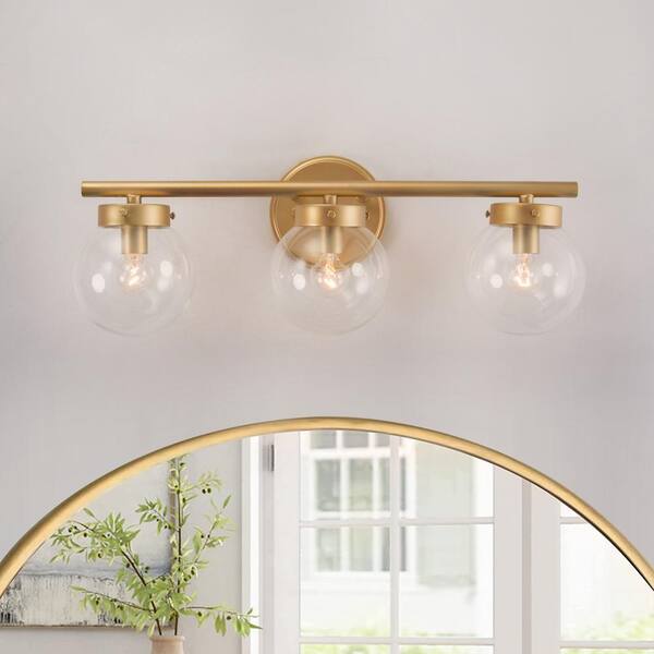 Uolfin Modern Gold Bathroom Vanity Light, 3-Light Farmhouse Powder Room Globe Vanity Wall Light with Clear Glass Shades