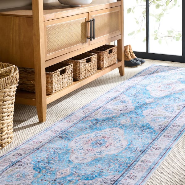 Martha Stewart Washable 2 ft. x 5 ft. Turquoise/Beige Machine Washable Medallion Border Runner Rug
