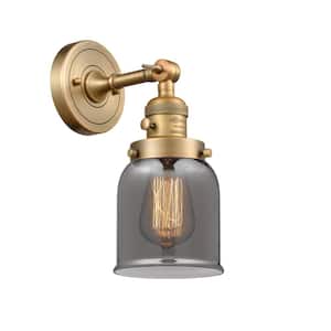 Bell 5 in. 1-Light Brushed Brass Wall Sconce with Plated Smoke Glass Shade with On/Off Turn Switch