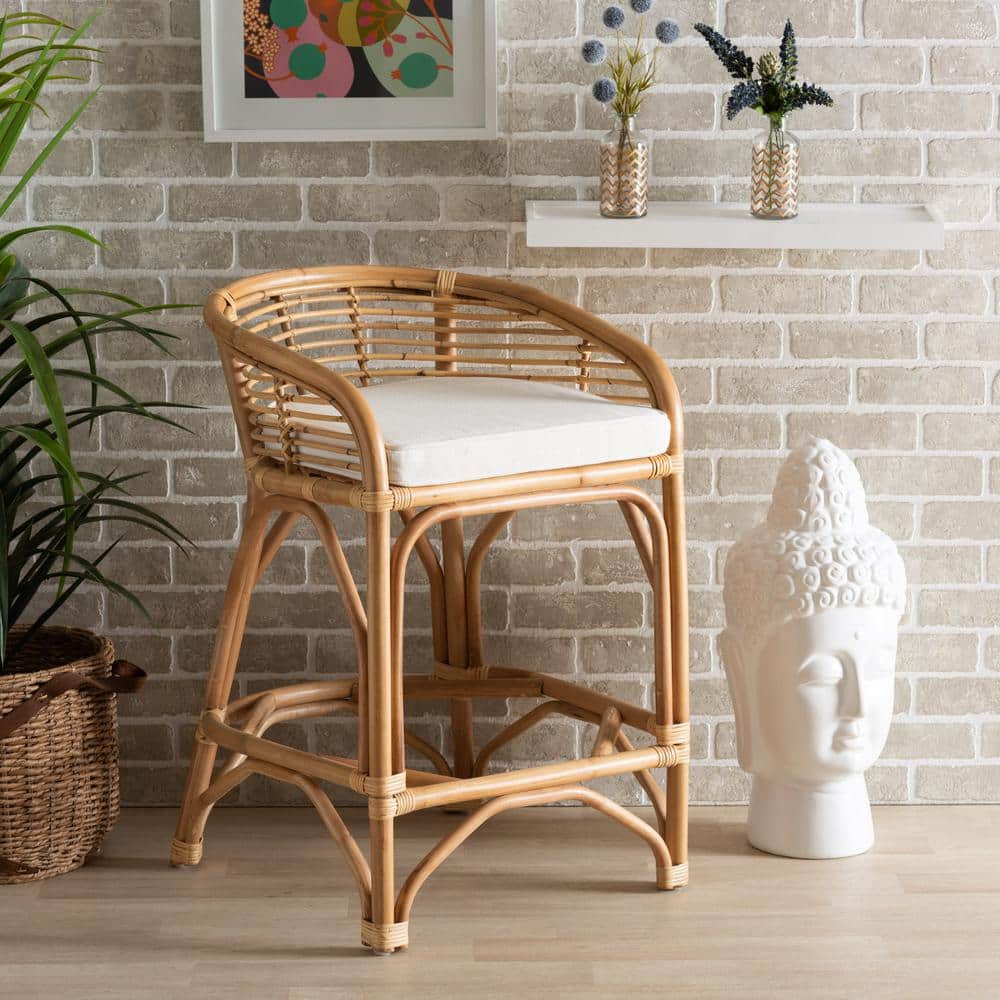 Tropical Oasis White Fabric and Natural Rattan Counter Stool