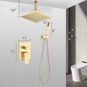 2-Spray Patterns 16 in. Ceiling Mount Square Rainfall Dual Shower Heads with Handheld in Brushed Gold
