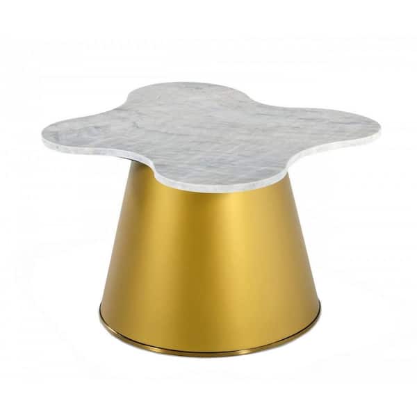 Benjara 28.3 in. White and Gold Other Marble End Table with Conical Pedestal Base