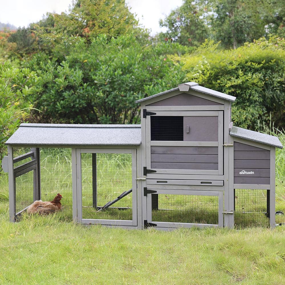 Gray and White Mobile Chicken Coop with Metal Wheels