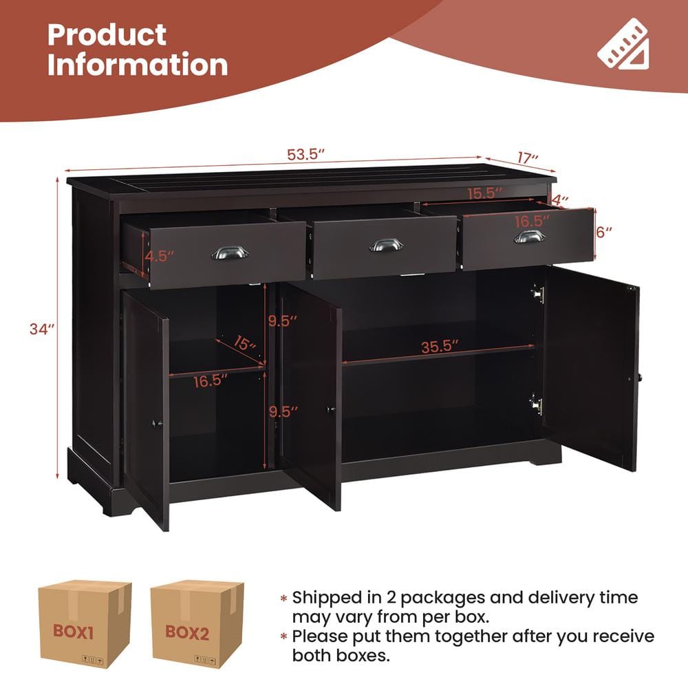 Brown MDF and Particleboard Sideboard Buffet Cabinet with 3 Drawers