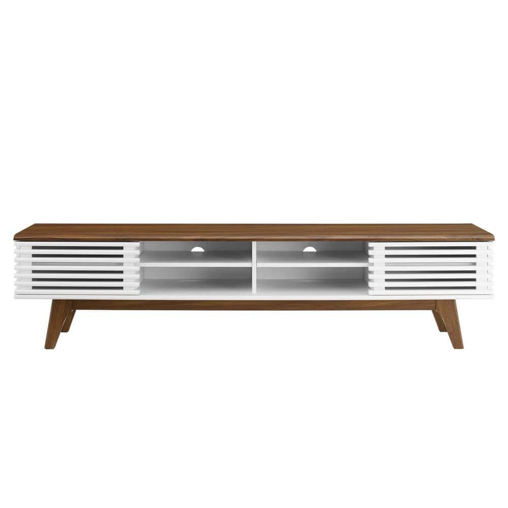 Walnut and White Mid-Century Modern 70" TV Stand with Sliding Doors