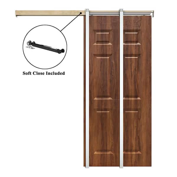 36 in. x 84 in. Walnut 6-Panel Hollow Core Composite Interior Door Slab with Pocket Door Frame and Hardware Kit