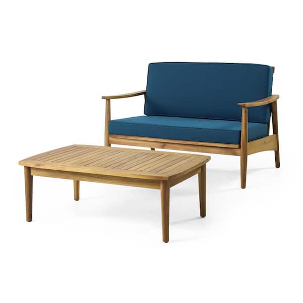 Teak Frame Acacia Wood Outdoor Loveseat & Coffee Table with Dark Blue Water-Resistant Cushions, for Porche Patios & Deck