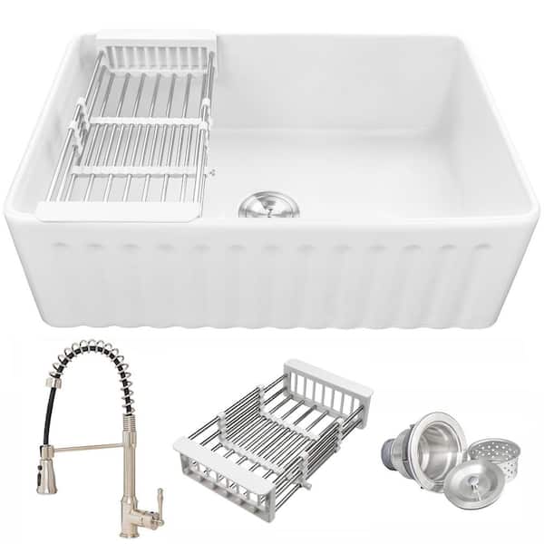 White Fireclay 30 in. Single Bowl Apron-Front Kitchen Sink with Faucets and Basket Strainer