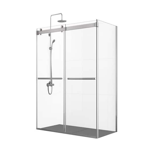 ROSWELL Spezia 48 in. W x 76 in. H Sliding Frameless Corner Shower Enclosure in Brushed Nickel with Clear Tempered Glass
