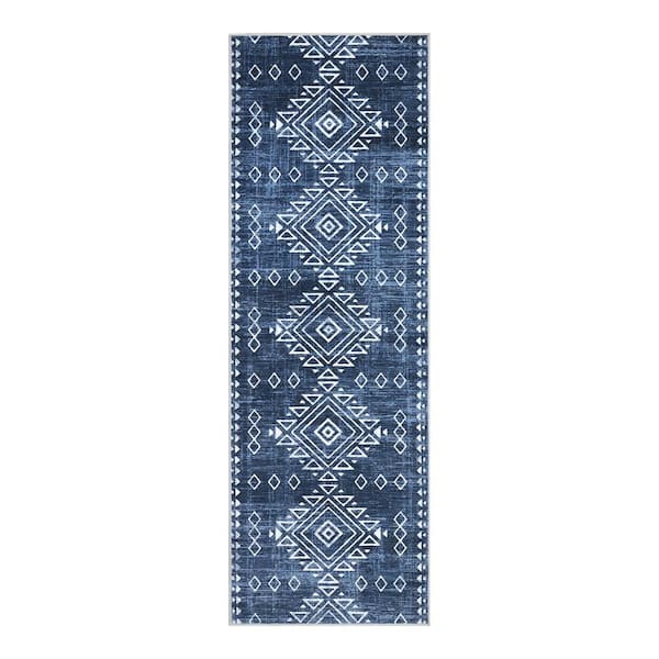 Blue 2x6ft Geometric Retro Corridor Strip Carpet Tribal Style Distressed Area Rug