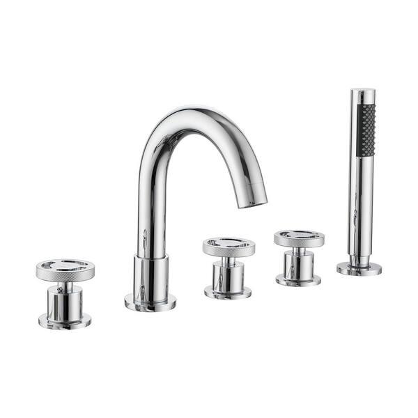 Fapully 3 Handle Tub Faucet Deck Mounted 5 Hole Waterfall Tub Faucet With Hand Shower In Chrome 1092