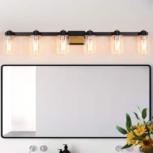 50 in. 6-Light Matte Black and Gold Bathroom Vanity Light with Clear Glass Shades